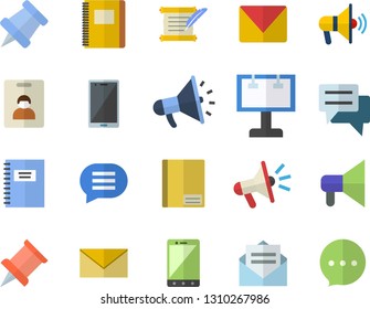 Color flat icon set billboard flat vector, mouthpiece, chat, notebook, mail, hostory roll, pushpin, indentity card fector, message, envelope, mobile