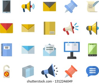 Color flat icon set billboard flat vector, mouthpiece, notebook, sticker, mail, hostory roll, pushpin, fector, do not disturb, message, envelope, mobile, chat