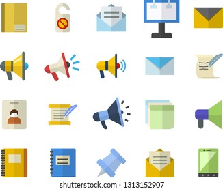 Color flat icon set billboard flat vector, mouthpiece, notebook, sticker, mail, hostory roll, pushpin, indentity card fector, do not disturb, message, envelope, mobile