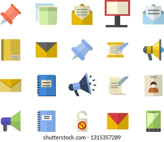 Color flat icon set billboard flat vector, mouthpiece, notebook, sticker, mail, hostory roll, pushpin, indentity card fector, do not disturb, message, envelope, mobile