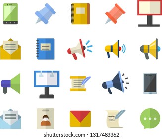 Color flat icon set billboard flat vector, mouthpiece, notebook, mail, hostory roll, pushpin, indentity card fector, message, mobile, chat