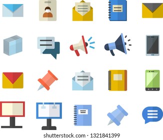 Color flat icon set billboard flat vector, mouthpiece, chat, notebook, sticker, mail, pushpin, indentity card fector, message, envelope, mobile