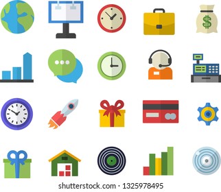 Color flat icon set billboard flat vector, case, rocket, cogwheel, earth, chart, credit card, telephone operator, wealth, clock, present, chat, cash machine, warehouse, target