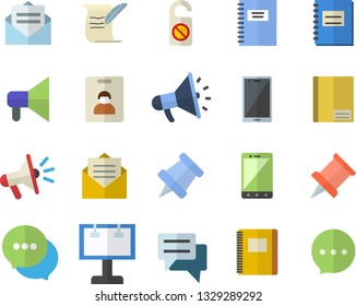 Color flat icon set billboard flat vector, mouthpiece, chat, notebook, hostory roll, pushpin, indentity card fector, do not disturb, message, mobile