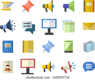 Color flat icon set billboard flat vector, mouthpiece, chat, notebook, sticker, hostory roll, pushpin, indentity card fector, envelope, mobile