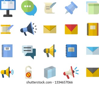 Color flat icon set billboard flat vector, mouthpiece, chat, notebook, sticker, mail, hostory roll, pushpin, fector, do not disturb, envelope