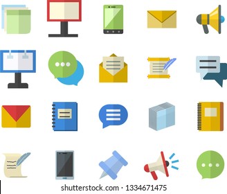 Color flat icon set billboard flat vector, mouthpiece, chat, notebook, sticker, mail, hostory roll, pushpin, message, envelope, mobile