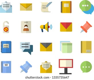 Color flat icon set billboard flat vector, chat, notebook, sticker, mail, hostory roll, pushpin, indentity card fector, mouthpiece, do not disturb, message, envelope