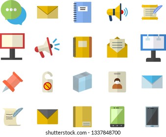 Color flat icon set billboard flat vector, mouthpiece, chat, notebook, sticker, mail, hostory roll, pushpin, indentity card fector, do not disturb, message, envelope, mobile