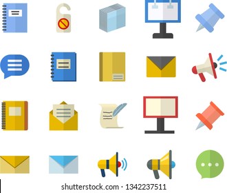 Color flat icon set billboard flat vector, mouthpiece, notebook, sticker, mail, hostory roll, pushpin, fector, do not disturb, message, envelope, chat