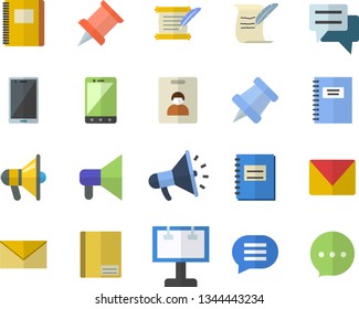 Color flat icon set billboard flat vector, mouthpiece, chat, notebook, mail, hostory roll, pushpin, indentity card fector, envelope, mobile