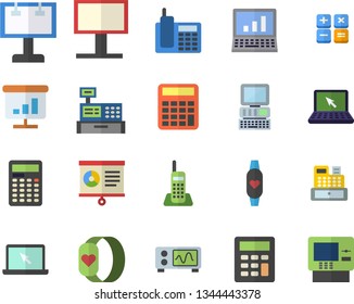 Color flat icon set billboard flat vector, calculator, cash machine, chart, telephone, laptop, computer, oscilloscope, fitness bracelet, dispenser fector