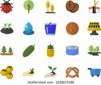 Color flat icon set biscuit flat vector, bagel, canned food, coffee beans, cucumber, sashimi, pineapple, honeycomb, ear, tree, ladybird, seedlings, bucketful, planting plants, solar battery, forest