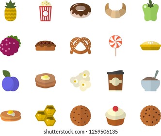 Color flat icon set biscuit flat vector, pancakes, bagel, croissant, cupcake, donut, porridge, pie, lollipop, bell pepper, popcorn, coffe, blackberry, pineapple, plum, honeycomb