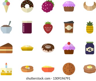 Color flat icon set biscuit flat vector, pancakes, croissant, cake, cupcake, piece of, donut, porridge, pie, ice cream, coffe, jam, Strawberry, blackberry, pineapple
