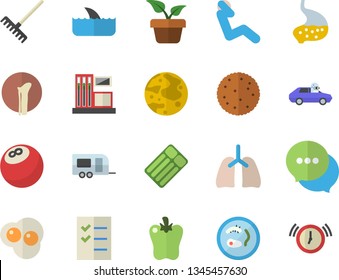 Color flat icon set biscuit flat vector, bell pepper, scrambled eggs, home plant, rake, gas station, autopilot, chat, bone fracture, stomach, lungs, to do list, moon, Petri dish, bowling ball, shark