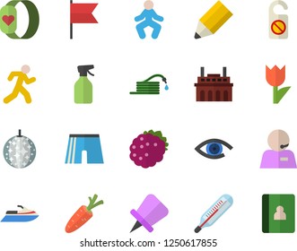 Color flat icon set blackberry flat vector, carrot, pulverizer, hose, tulip, plant, phone operator, pencil, athletic shorts, gymnastics, run, fitness bracelet, disco ball fector, water scooter, eye