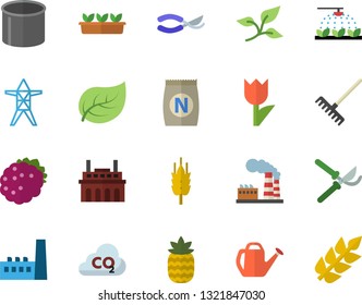 Color flat icon set blackberry flat vector, pineapple, ear, fertilizer vectory, sprinkling machine, secateurs, rake, watering can, tulip, seedlings, tree leaf, factory, power line support, plant