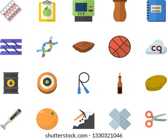 Color flat icon set blender flat vector, jugful, potato, sauce, chop, orange, oil tanks, carbon dioxide, mining, pill packaging, patch, DNA, notebook, paper tray, basketball, diet, skipping rope