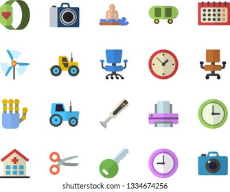 Color flat icon set blender flat vector, tractor, calendar, hospital, massage, clock, office chair, printer, robot hand, windmill, skateboard, fitness bracelet, camera fector, key, scissors