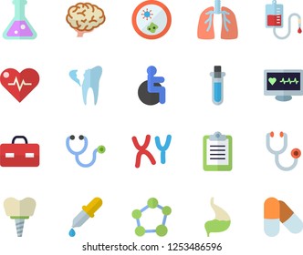 Color flat icon set blood transfusion flat vector, pipette, computer diagnostics of health, disabled, stethoscope, briefcase, chromosomes, broken tooth, implant, stomach, lungs, flask, molecule