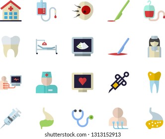 Color flat icon set blood transfusion flat vector, syringe, computer diagnostics of health, hospital, physician, stethoscope, bed, ultrasound, nurse, scalpel, artificial insemination, dental crowns