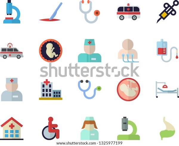 Color flat\
icon set blood transfusion flat vector, syringe, disabled,\
hospital, physician, stethoscope, microscope, bed, ambulance,\
diagnostics, embryo, nurse, scalpel,\
stomach