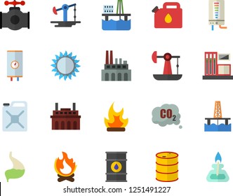 Color flat icon set boiler flat vector, gas, bonfire, oil production platform, pumping, main pipeline, station, tanks, plant, canister, carbon dioxide, stomach, burner