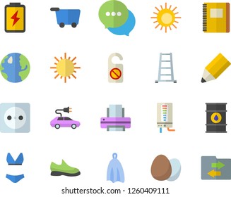 Color flat icon set boiler flat vector, towel, egg, ladder, sun, battery, earth, oil tanks, socket, electric cars, chat, printer, pencil, notebook, sneakers, swimsuit, fector, grocery trolley