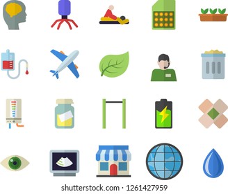 Color flat icon set boiler flat vector, seedlings, battery, tree leaf, SIM card, store front, earth, telephone operator, blood transfusion, virus, medical analysis, massage, patch, ultrasound, eye