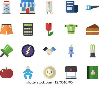 Color flat icon set boiler flat vector, grater, piece of cake, tomato, saw, tulip, socket, energy saving lamp, store front, news, gestation, drawing pin, agreement, lightning, calculator, gymnastics