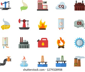 Color flat icon set boiler flat vector, gas, bonfire, oil production platform, pumping, main pipeline, station, plant, canister, carbon dioxide, stomach, burner, nuclear power