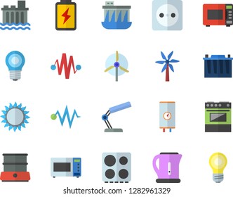 Color flat icon set boiler flat vector, electric kettle, stove, gas, microwave, double, windmill, battery, accumulator, lamp, socket, hydroelectric power station, reading, discharge fector