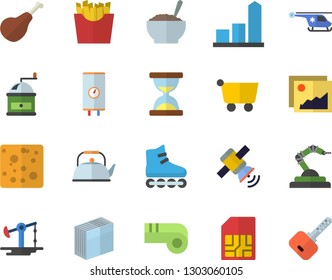 Color flat icon set boiler flat vector, teapot, coffee grinder, ham, cheese, porridge, French fries, oil pumping, robotics, SIM card, grocery trolley, chart, helicopter, sticker, satellit, whistle