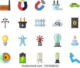 Color flat icon set boiler flat vector, windmill, battery, oil tanks, plug socket, power line support, manufactory, energy saving lamp, electric cars, carbon dioxide, magnet, radiator, idea, bulb
