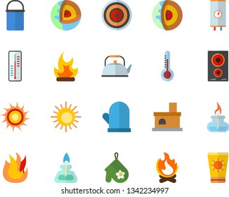 Color flat icon set boiler flat vector, hiking pot, teapot, potholder, fire, induction cooker, thermometer, bonfire, fireplace, gas burner, core of the earth fector, sun, protection cream