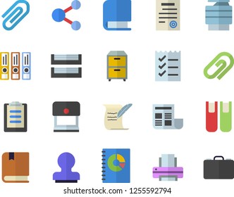 Color flat icon set book balance accounting flat vector, clipboard, clip, document, to do list, printer, paper tray, copy machine, archive, contract, stamp, hostory roll, textbook, share, case