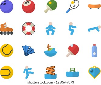 Color flat icon set bowling ball flat vector, skateboard, tennis, roller Skates, gymnastics, squats, push up, water, table, surfing fector, flippers, aquapark, pool, lifebuoy, heart pendant