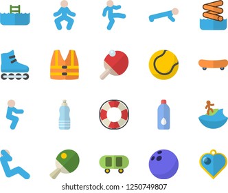 Color flat icon set bowling ball flat vector, skateboard, tennis, roller Skates, gymnastics, squats, push up, swing press, water, table, surfing fector, aquapark, pool, life vest, lifebuoy