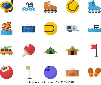 Color flat icon set bowling ball flat vector, sports flag, tennis, roller Skates, pool, table, sport bag, trailer fector, tent, swimming mask, aquapark, transfer, slippers