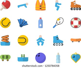 Color flat icon set bowling ball flat vector, skateboard, tennis, roller Skates, gymnastics, squats, push up, water, table, flippers fector, aquapark, pool, life vest, lifebuoy, heart pendant