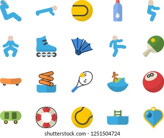 Color flat icon set bowling ball flat vector, skateboard, tennis, roller Skates, gymnastics, squats, push up, swing press, water, table, surfing fector, flippers, aquapark, pool, lifebuoy