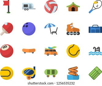 Color flat icon set bowling ball flat vector, skateboard, volleyball, sports flag, tennis, roller Skates, pool, table, sport bag, trailer fector, tent, chaise lounge, swimming mask, aquapark