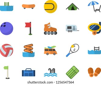Color flat icon set bowling ball flat vector, skateboard, volleyball, sports flag, tennis, roller Skates, pool, sport bag, trailer fector, tent, chaise lounge, swimming mask, aquapark, transfer