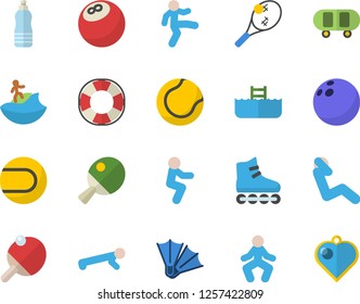 Color flat icon set bowling ball flat vector, skateboard, tennis, roller Skates, gymnastics, squats, push up, swing press, water, table, surfing fector, flippers, pool, lifebuoy, heart pendant