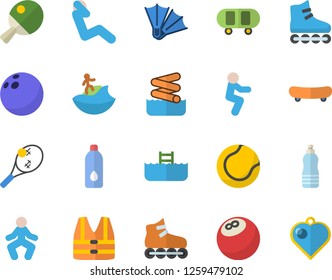 Color flat icon set bowling ball flat vector, skateboard, tennis, roller Skates, gymnastics, squats, swing press, water, table, surfing fector, flippers, aquapark, pool, life vest, heart pendant