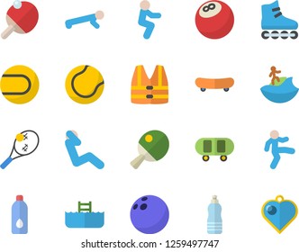 Color flat icon set bowling ball flat vector, skateboard, tennis, roller Skates, gymnastics, squats, push up, swing press, water, table, surfing fector, pool, life vest, heart pendant