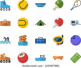 Color flat icon set bowling ball flat vector, skateboard, tennis, roller Skates, pool, table, sport bag, trailer fector, tent, sea beach, swimming mask, aquapark, inflatable mattress