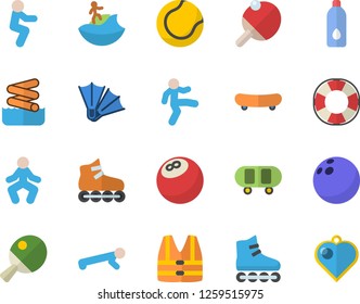Color flat icon set bowling ball flat vector, skateboard, tennis, roller Skates, gymnastics, squats, push up, water, table, surfing fector, flippers, aquapark, life vest, lifebuoy, heart pendant