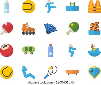 Color flat icon set bowling ball flat vector, skateboard, tennis, roller Skates, gymnastics, squats, swing press, water, table, surfing fector, flippers, aquapark, pool, life vest, heart pendant